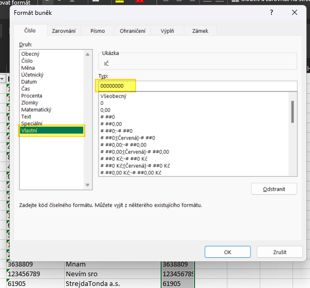 Excel - nastavení vlastního formátování s počátečními nulami