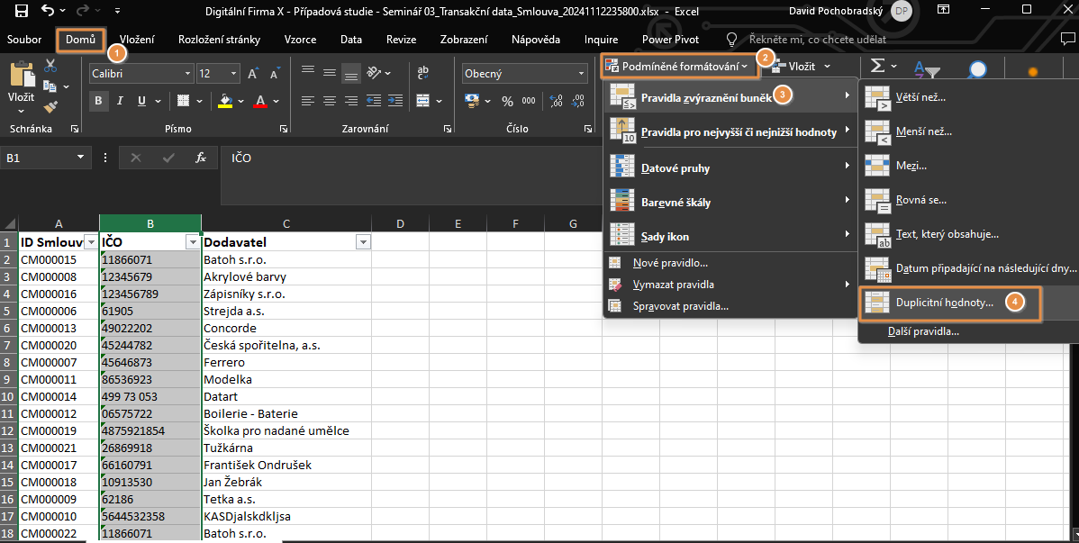 MS Excel - zapnutí zvýraznění duplicit