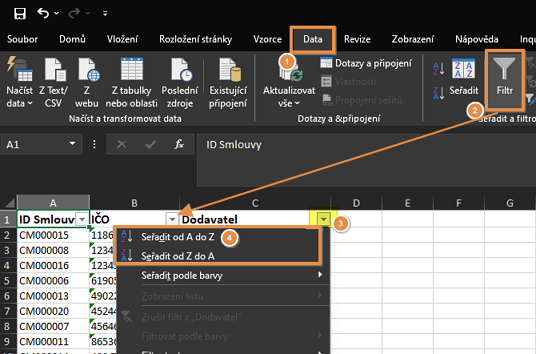 Excel - filtrování či řazení dat