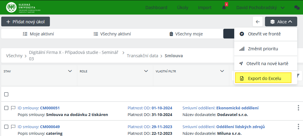 Smlouva - Akce - Tlačítko "Export do Excelu"
